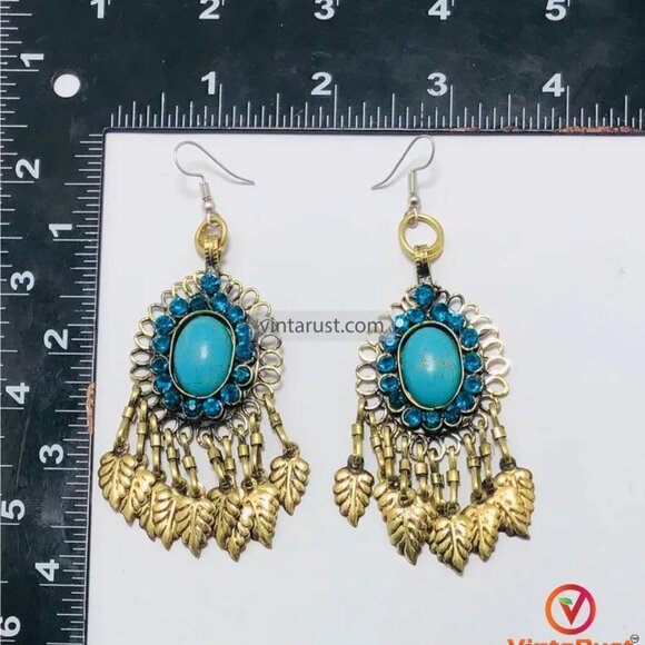 Handmade Turquoise Chandelier Earrings: Kuchi Boho Brass Dangle - Picture 6 of 9